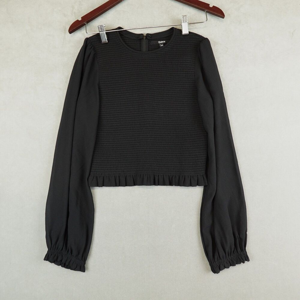 Quince Chiffon Cropped Smocked Blouse Black Womens Medium